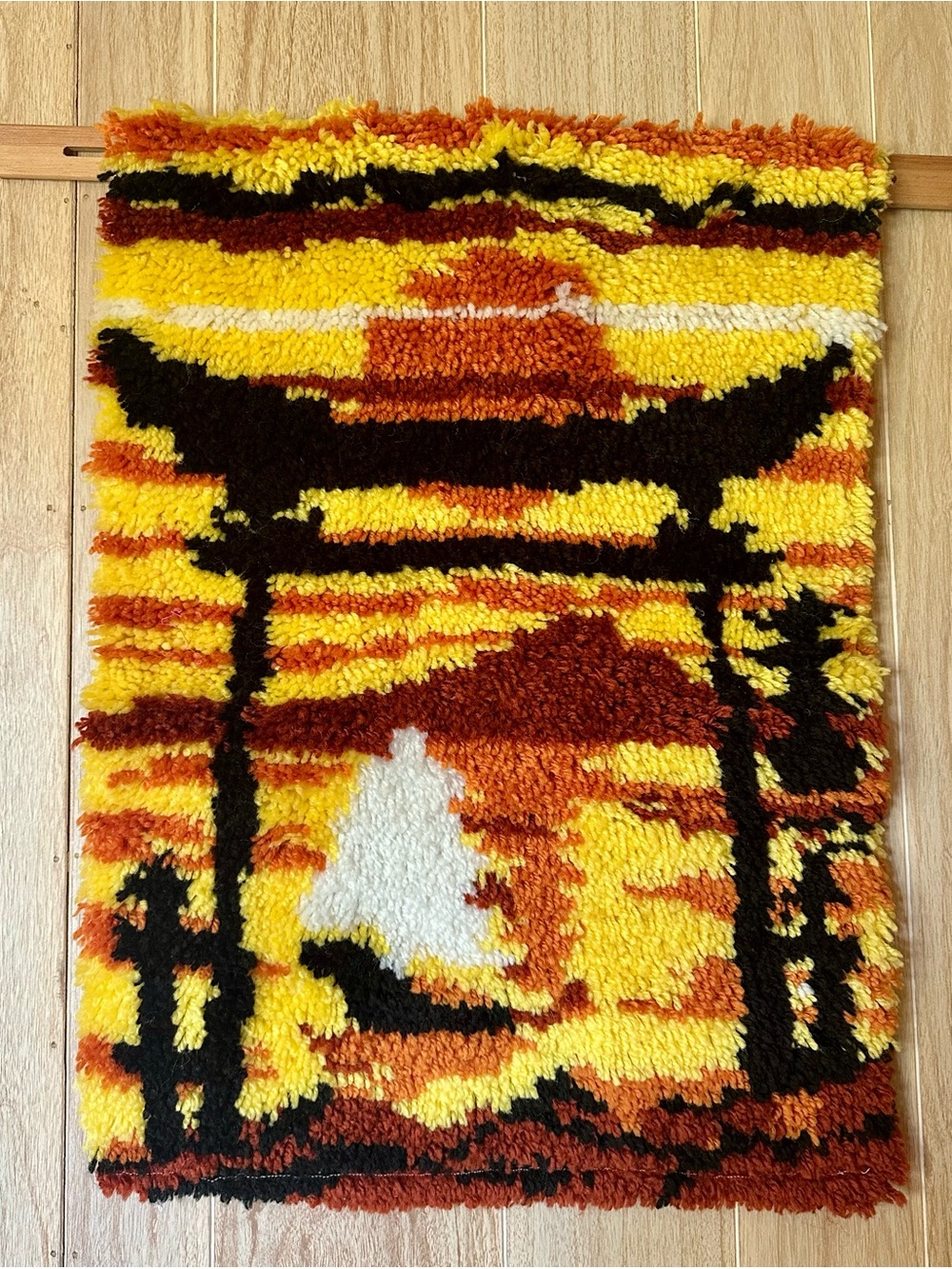 Vintage Latch Hook Wall Hanging - Sunset Scene - Handmade Fiber Art - 70s